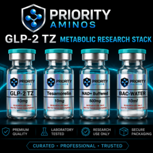 Priority Aminos GLP-2 TZ 10mg metabolic research stack featuring Tesamorelin, NAD+ Buffered, and BAC Water 10mL